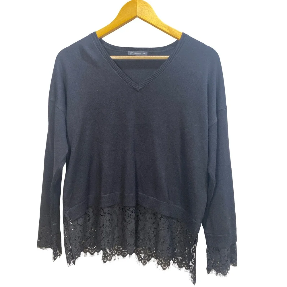 Adrianna Papell Black V-Neck Sweater with Lace Trim Size M Whimsigoth Witchy
